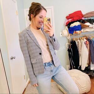 Veronica Beard Navy Blue White Leo One Button Dickey Blazer Jacket 2 Plaid